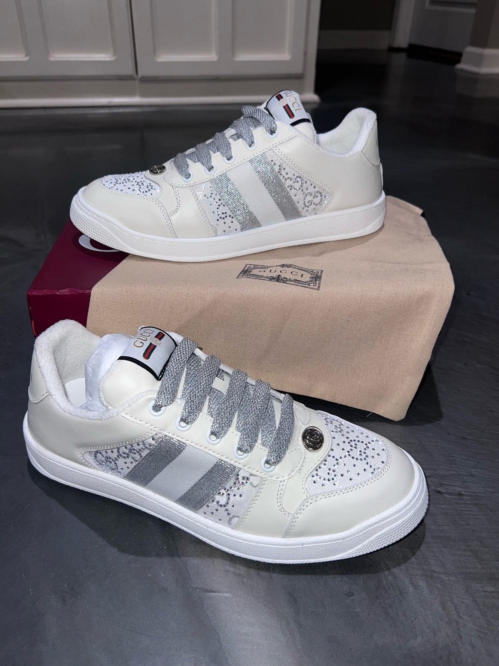 G G Women's Men’s Crystal, White & Silver Low-Top Sneakers Screener